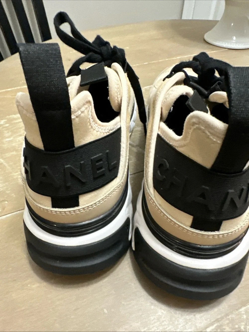 CHANEL Beige & Black Women's Lace-Up Sneaker with Gold CC